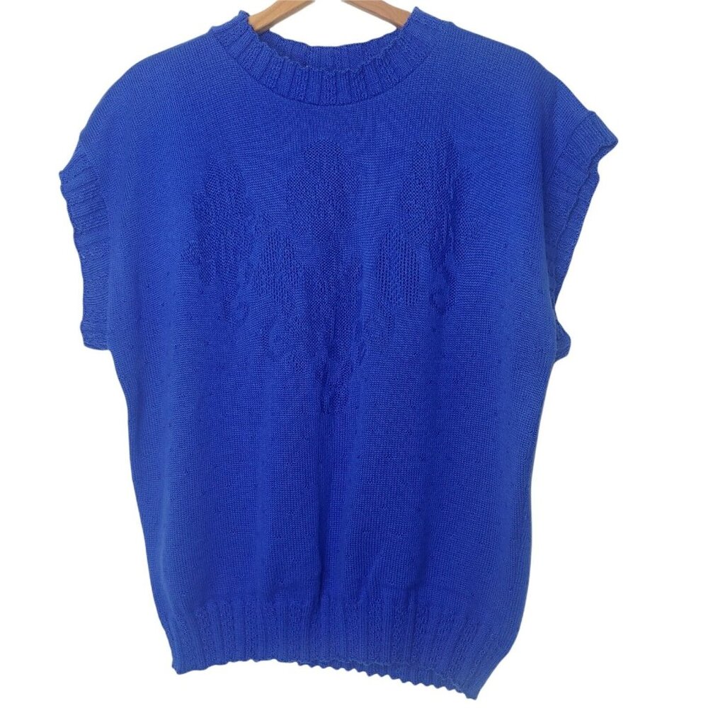 Vintage VGC Womens L Sweater Vest Royal Blue Floral Sleeveless Retro Bouquet